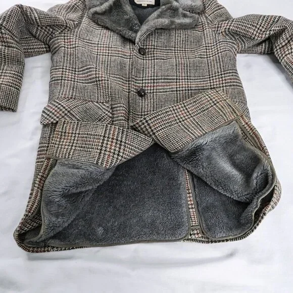 VTG Woolrich Gray Black Red Plaid Houndstooth Wool Fur Lined Long Coat 60s 70s - Picture 2 of 9